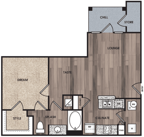 Floor plan for 1 bed, 1 bath, 739 sqft